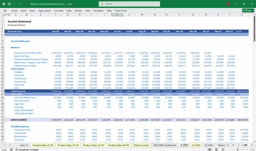 Robotics Financial Model DCF Excel Template