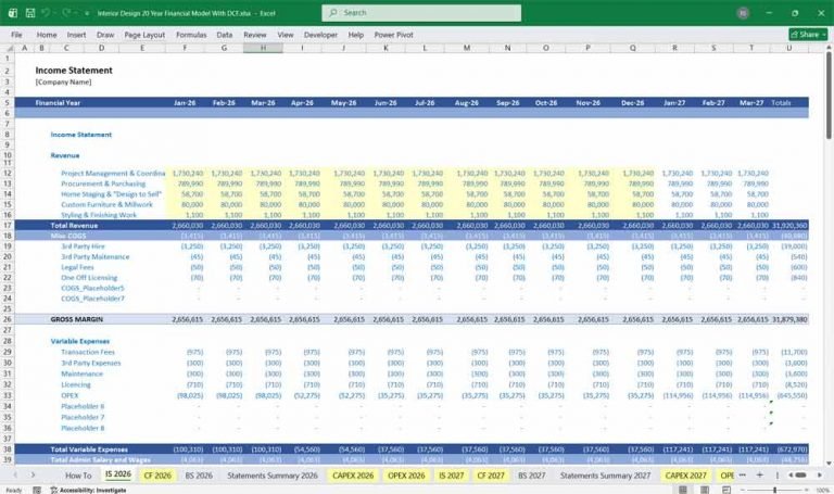 Interior Design DCF Financial Model Excel Template | AllFinancialModels