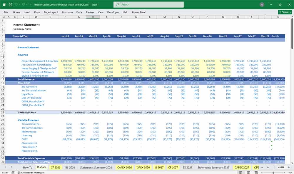 Interior Design DCF Model Excel Template