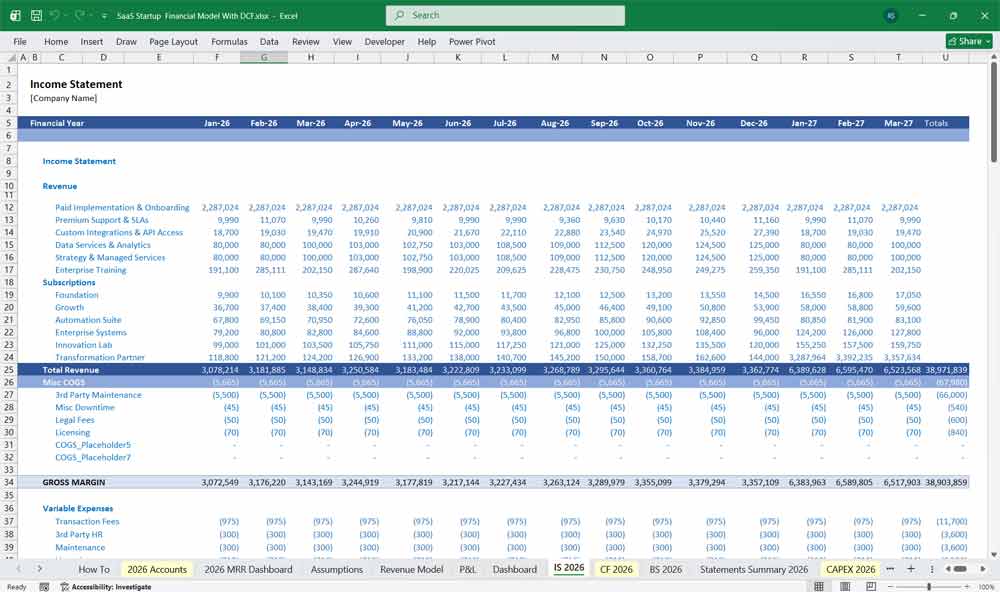 SaaS Startup DCF Financial Model Template
