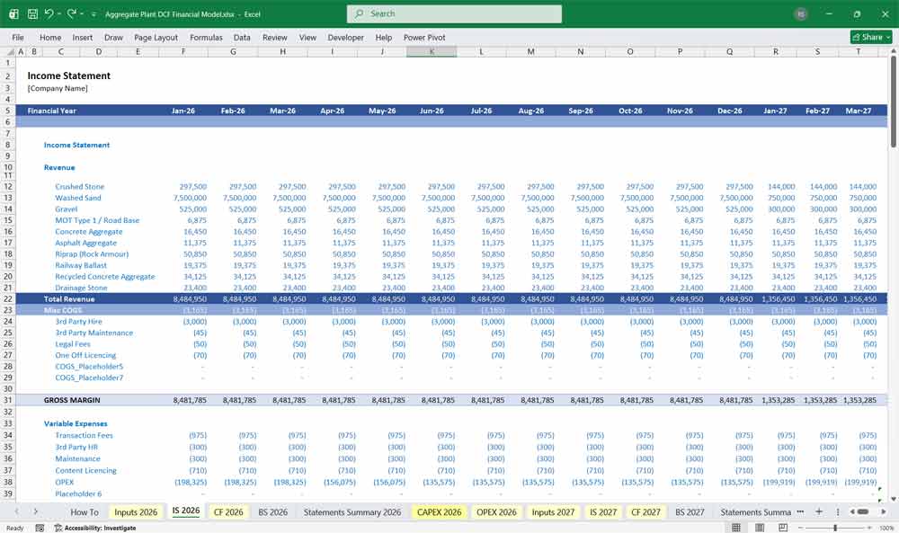 Aggregate Plant Financial Model Excel xls