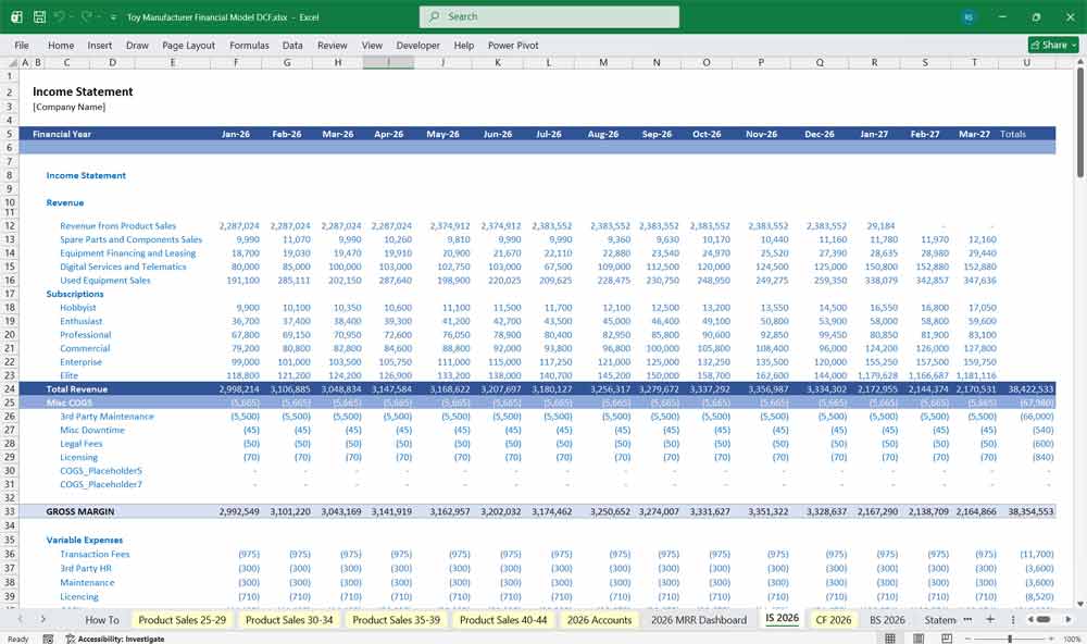 Toy Manufacturer DCF Model Excel Template