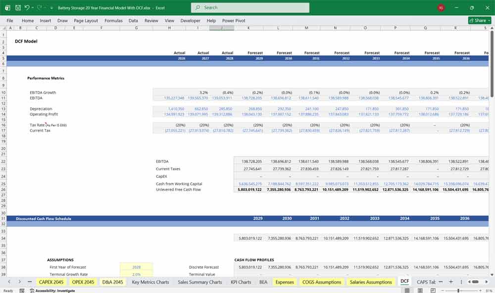 Discounted Cash Flow (DCF) with WACC on a Battery Storage Financial Model