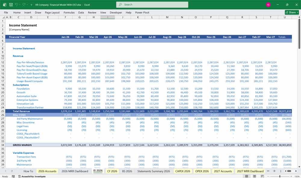 Virtual Reality DCF Financial Model Template