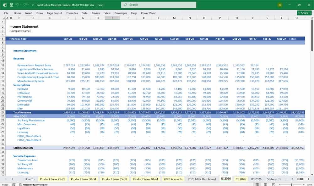 Construction Materials Financial Model Excel Template