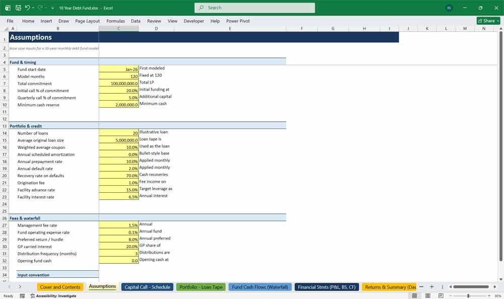 Debt Fund Assumptions Template