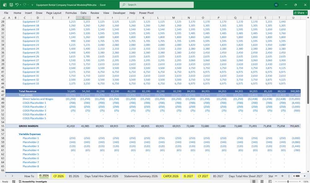 Equipment Rental Company Income Statement Spreadsheet