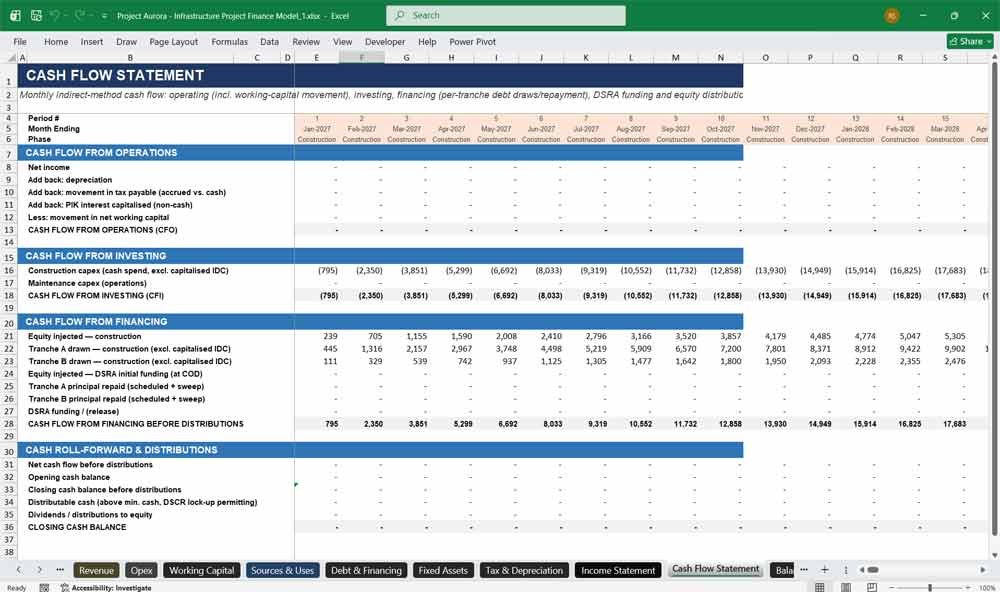 Infrastructure Project Cash Flow Statement Template