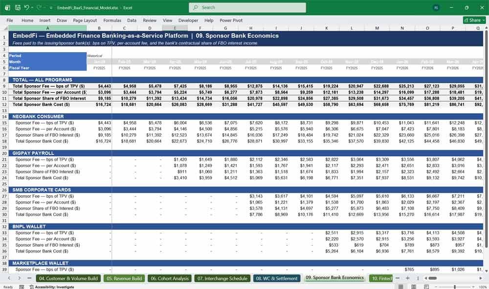 Embedded Finance Banking-as-a-Service Model Template Excel
