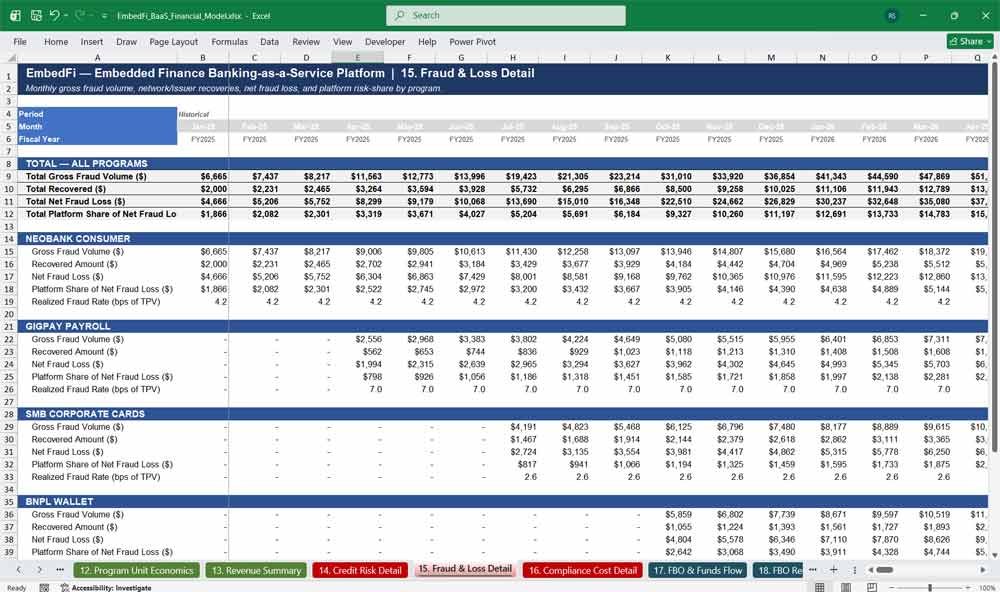 Embedded Finance Platform Excel Spreadsheet