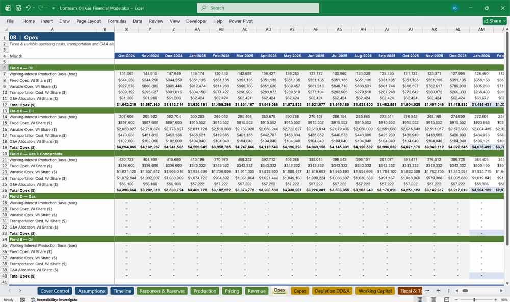 Upstream Oil & Gas Opex Template Excel
