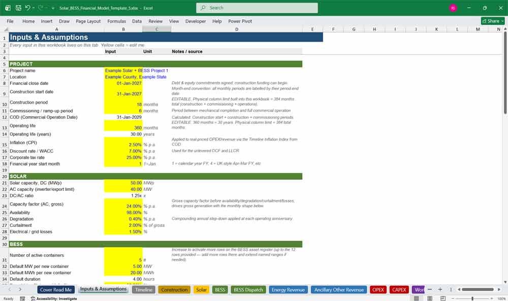Solar + BESS Financial Model Template Excel