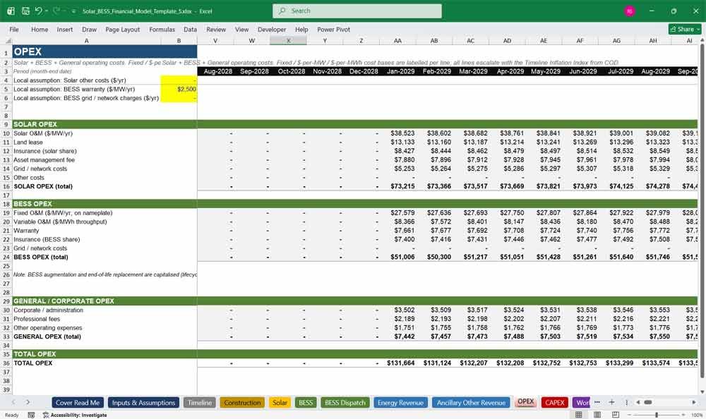 Battery Energy Storage Systems Financial Template