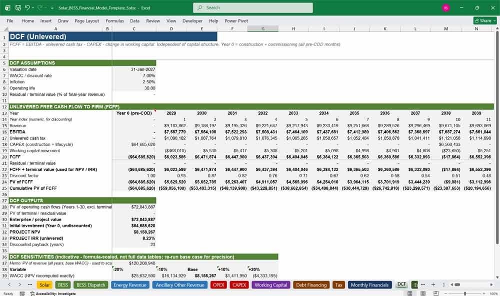 Battery Energy Storage DCF Financial Template