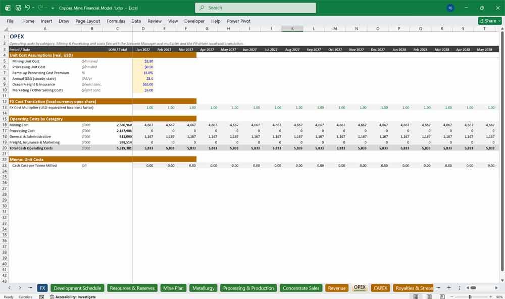 Copper Mining Company OPEX Template