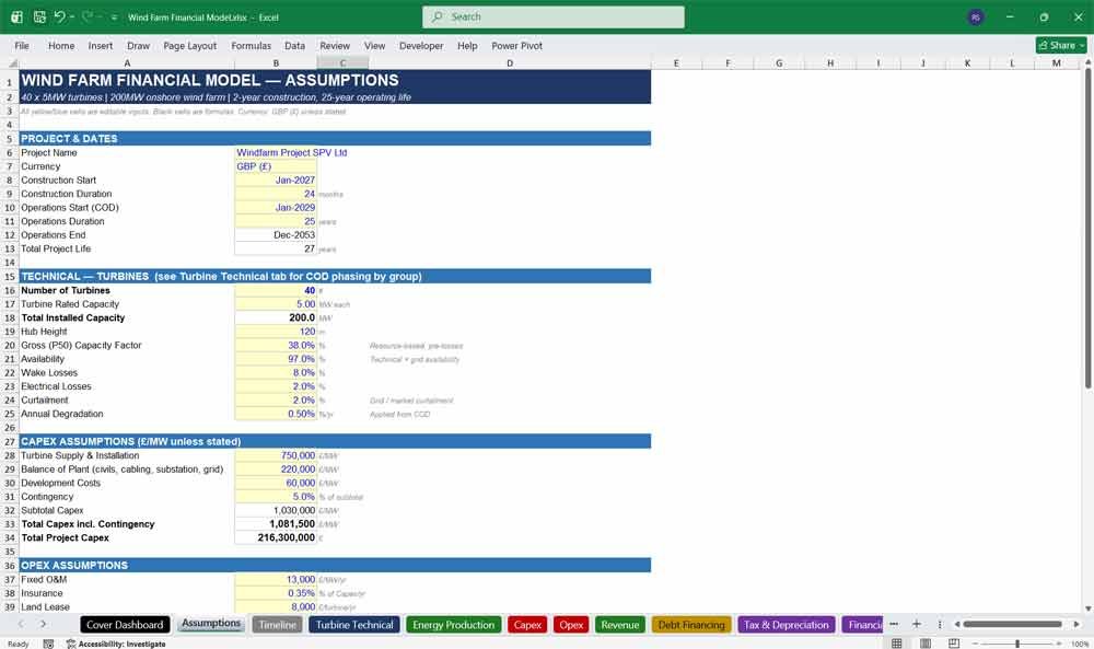 Wind Farm Financial Model Template