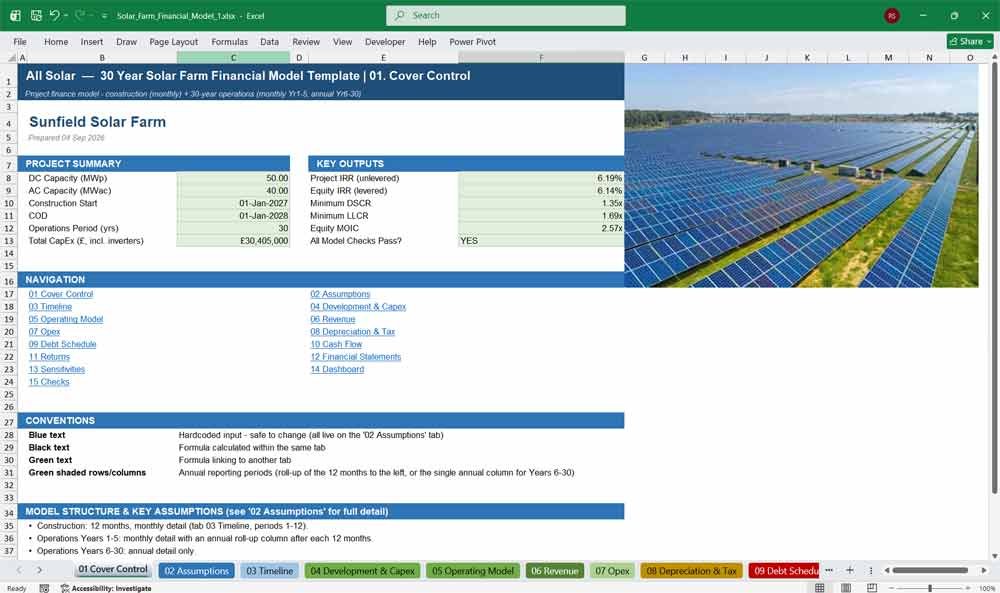 30 Year Solar Farm Financial Model Template