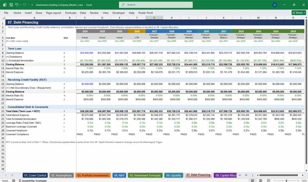 Investment Holding Debt Financing Template Excel