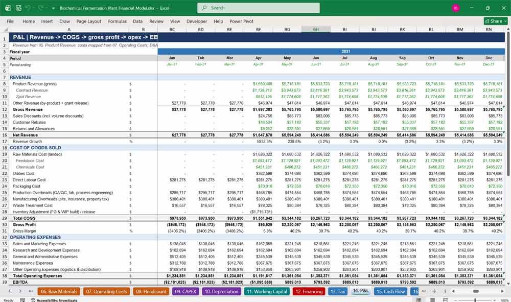 Biochemical Fermentation Plant Financial Model Excel xlsx