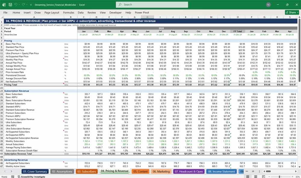 Web Streaming Service Financial Model Template Excel